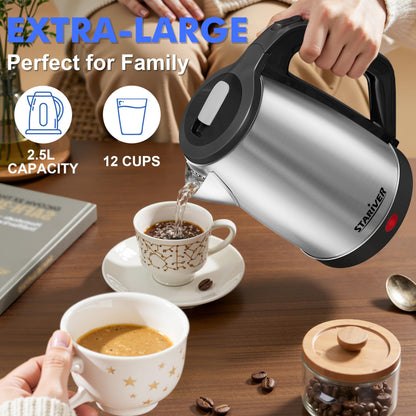 Stariver 2.5L Large Electric Kettle, BPA Free Stainless Steel Water Heater, Fast Boil Electric Tea Kettle, Water Boiler with Auto Shut-Off & Boil-Dry Protection for Family (10-12 Cups)