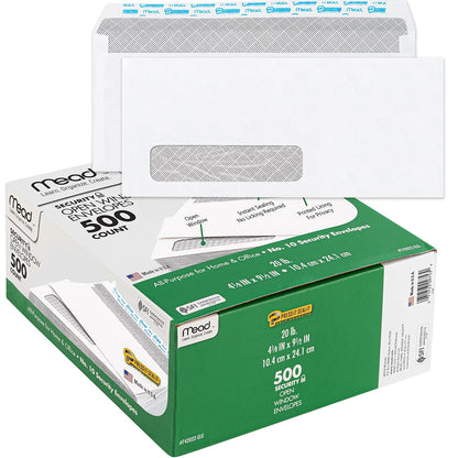 Mead #10 Envelopes, Letter Size, 4-1/8" x 9-1/2", Security Printed Lining for Privacy, Press-It Seal-It Self Adhesive Closure, Left Viewing Window Mailing Envelopes, 500 Count (742022)
