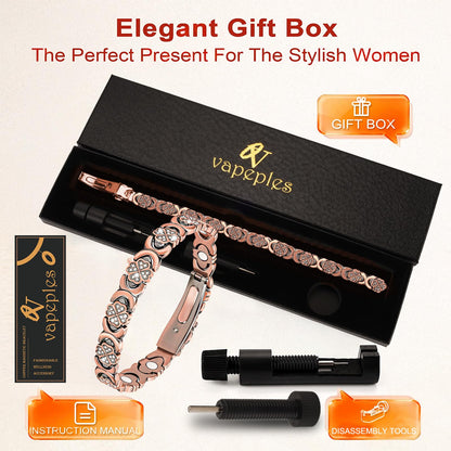 vapeples Copper Bracelets for Women, 3800 Gauss, 99% Pure Copper Magnetic Bracelet, Adjustable Sizing, Four-Leaf Clover Women's Bracelets with Sparkling Cubic Zirconia, Gift Packaging