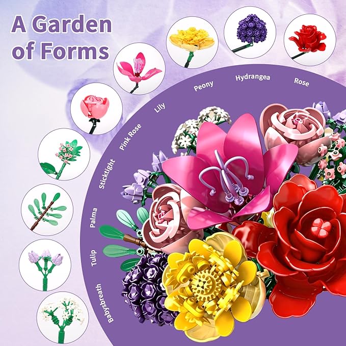 1070Pcs Flower Bouquet Building Set Artificial Fake Flowers Bridal Wedding Building Blocks Botanical Collection DIY Craft for Adults &amp Kids Girlfriend Wife Valentine’s Day Birthday Home Table D