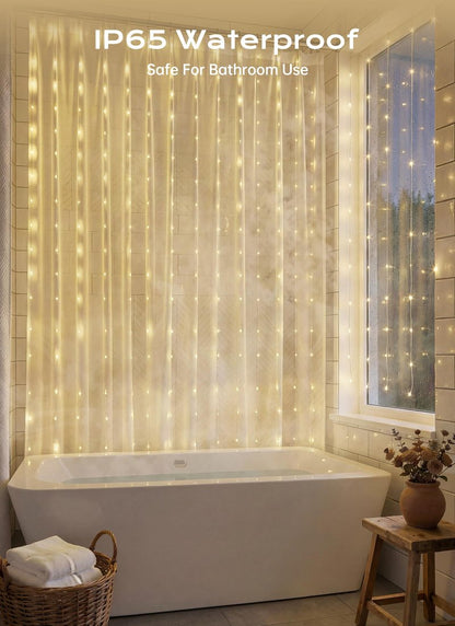 Brightown 180 LED Shower Curtain Lights, 70 Inch Warm White Fairy Lights Battery Operated String Lights, 8 Modes Waterproof Christmas Lights for Indoor Outdoor Decor(No Curtain)