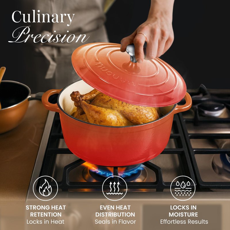 Cast Iron Dutch Oven with Lid – Non-Stick Ovenproof Enamelled Casserole Pot – Sturdy Dutch Oven Cookware – Orange, 7.3-Quart, 30cm – by Nuovva