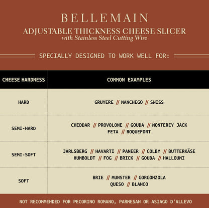 Bellemain Stainless Steel Wire Cheese Slicer - Adjustable Cheese Cutter for Cheddar, Gruyere, Raclette, Mozzarella Cheese Block, Gold