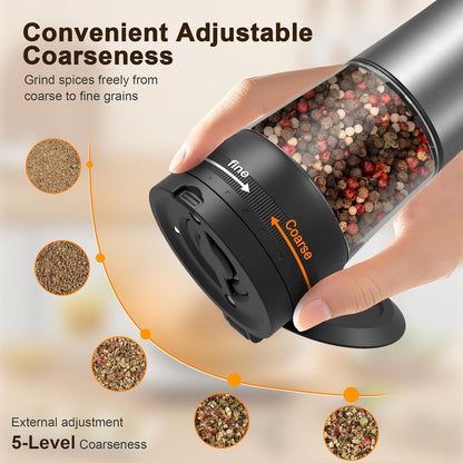 Skiennix Electric Salt and Pepper Grinder Set - Rechargeable Stainless Steel Mill with 2-Speed Settings & LED Light | 100ml Capacity