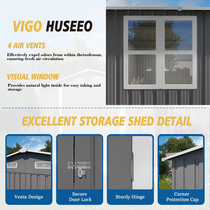 Vigo huseeo 10x14x6.7FT Outdoor Storage Shed, Galvanized Steel Garden Shed with Lockable Door & Window, Waterproof Metal Tool Storage for Garden, Backyard, Patio, Lawn(Grey)