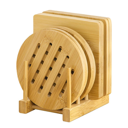 GHWIE Bamboo Trivet with Stand - Heat Resistant Pot Holders for Kitchen, Multi-Purpose Pads, Plate Mats, Large Stove Mat - Air Fryer Accessories and Trivets for Hot Dishes, 4 PCS