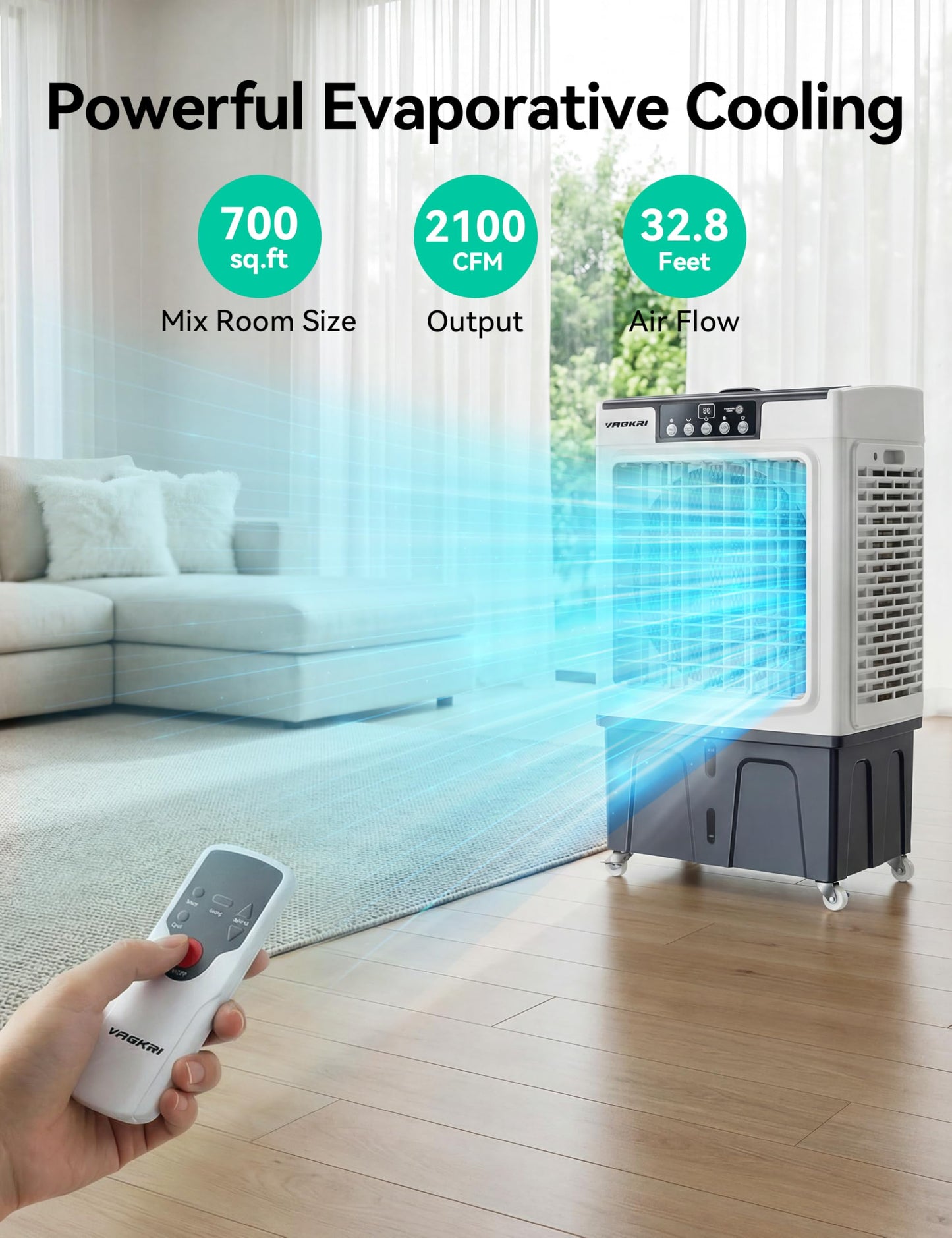 VAGKRI Swamp Cooler, 2100 CFM Evaporative Air Cooler with 8 Gallon Tank, 120° Oscillation, 3 Modes & 3 Speeds, 24H Timer, Remote Control, Outdoor Cooling Fan with Auto Fill for Patio, Garage, Factory