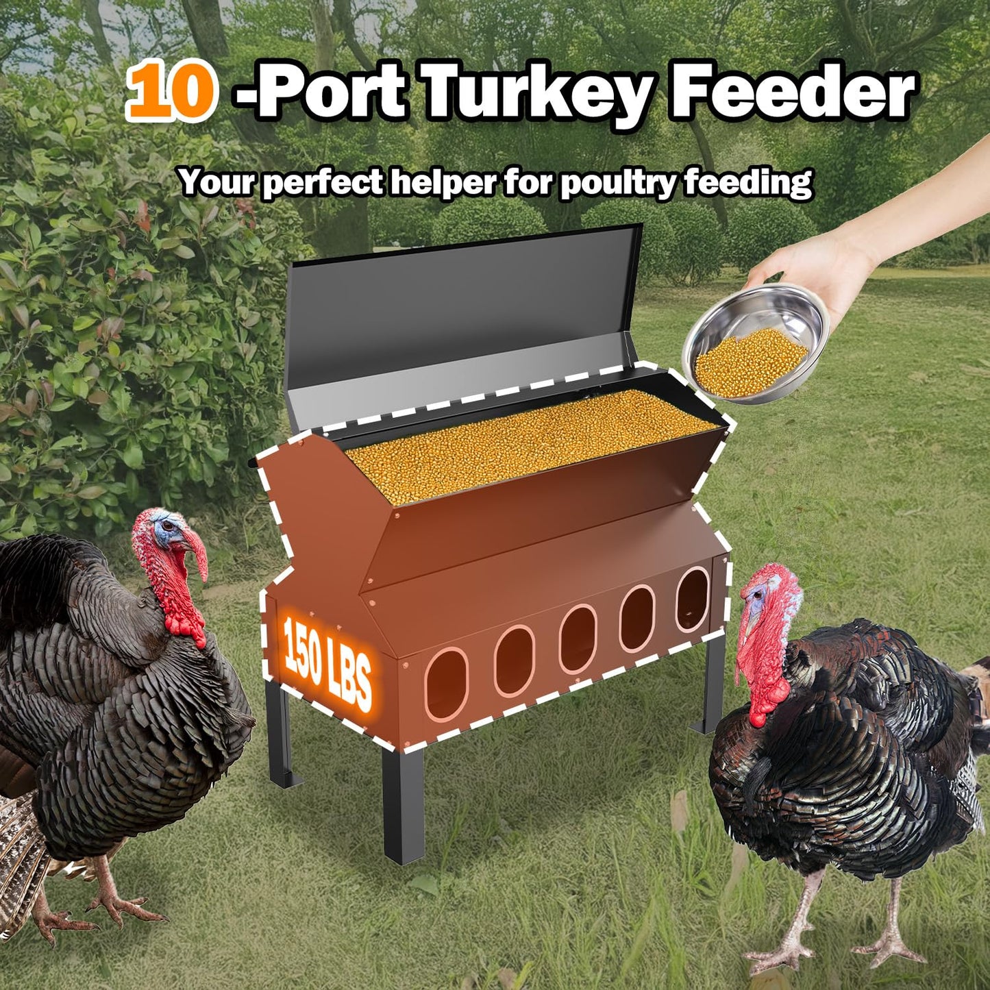 BUYYAH 50-100LB Capacity Turkey Feeder, 10-Port Waterproof Chicken Feeder, Indoor Outdoor Uses, Black