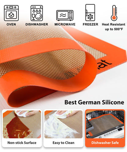 MMmat Silicone Baking Mats - Best German Silicone, Non Slip Baking Sheet, Non Stick Reusable Silicone Mats For Baking, Food Grade Oven Liner, Counter Mat, Set of 6