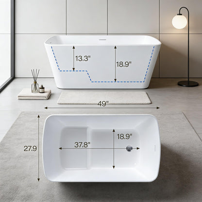 49" Acrylic Freestanding Soaking Bathtub, Matte Drain & Black Overflow, Modern Design Tub for Home Bathroom Renovations, Glossy White