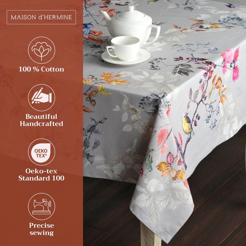 Maison d' Hermine Table Cloth Rectangle Table 100% Cotton 70 x 140 Inches Fall Tablecloth Reusable Everyday Use for Thanksgiving Christmas Decorations Dining Farmhouse Party (Equinoxe - Grey)