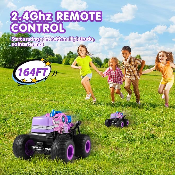 DYODYORC Remote Control Car 2.4Ghz All Terrain Monster Truck RC Truck with Music 3 Lighting Effects 360 Stunt Capable 2 Batteries Ready to Run Toy Gifts for Boys and Girls (Pink)