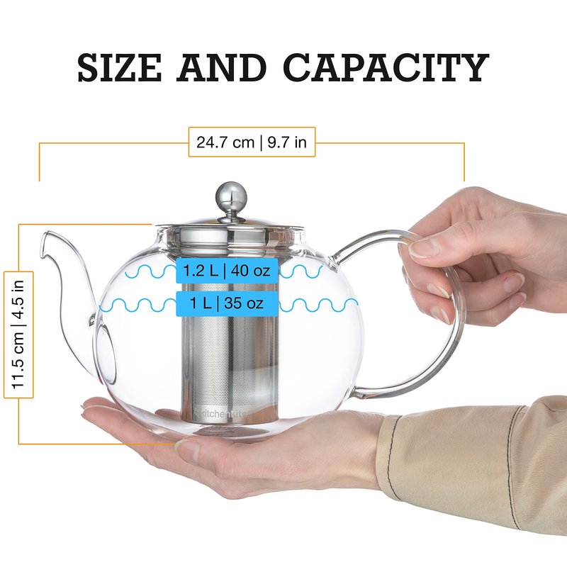 Kitchen Kite Glass Teapot Set with 4 Double Wall Tea Cups & Removable Stainless Steel Infuser, 35oz/1000ml Borosilicate Tea Kettle Stovetop Safe, Loose Leaf & Blooming Tea Maker Gift Set for Women