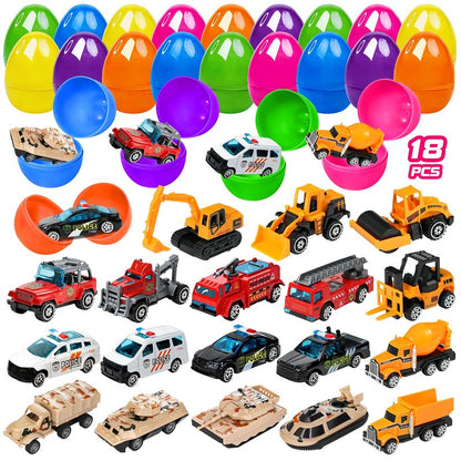 18 Pcs Prefilled Easter Eggs with Alloy Vehicles for Kids Die-Cast City Car Toys Construction Vehicles Easter Basket Stuffers Egg Fillers Egg Hunt Party Favors Classroom Prizes for Boys