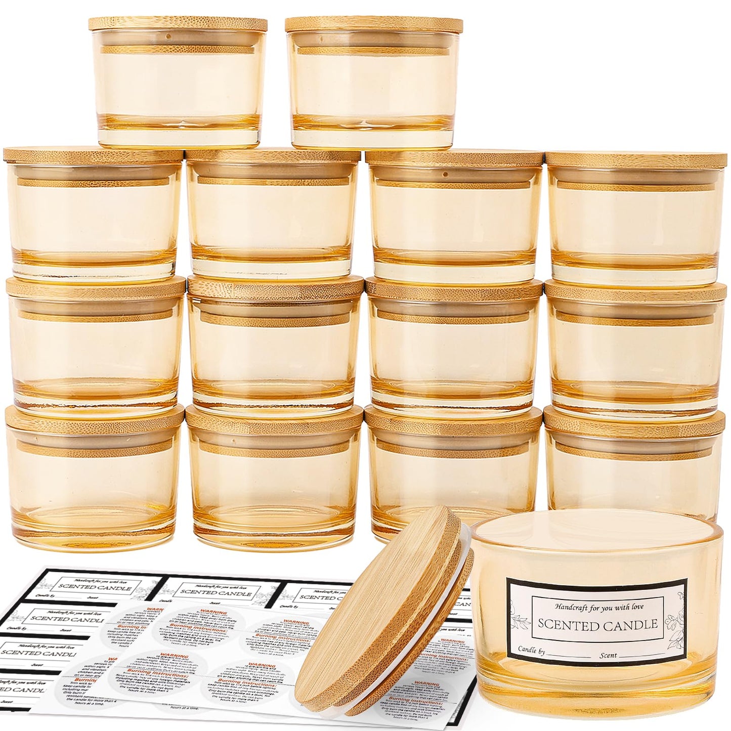 CONNOO 15 Pack 4 OZ Gold Amber Glass Candle Jars with Airtight Bamboo Lids for Making Candles, Bulk Small Wide Mouth Empty Candle Containers with Sticky Warning Labels - Dishwasher Safe, Champagne