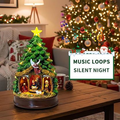 Candieslife Musical Christmas Tree - Rotating Nativity Scene with LED Star Light | Tabletop Holiday Decor