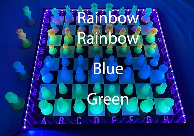 Dam Merch's LED Illuminated Glow in The Dark Chess Set - Made in USA (Standard Rainbow + Blue)