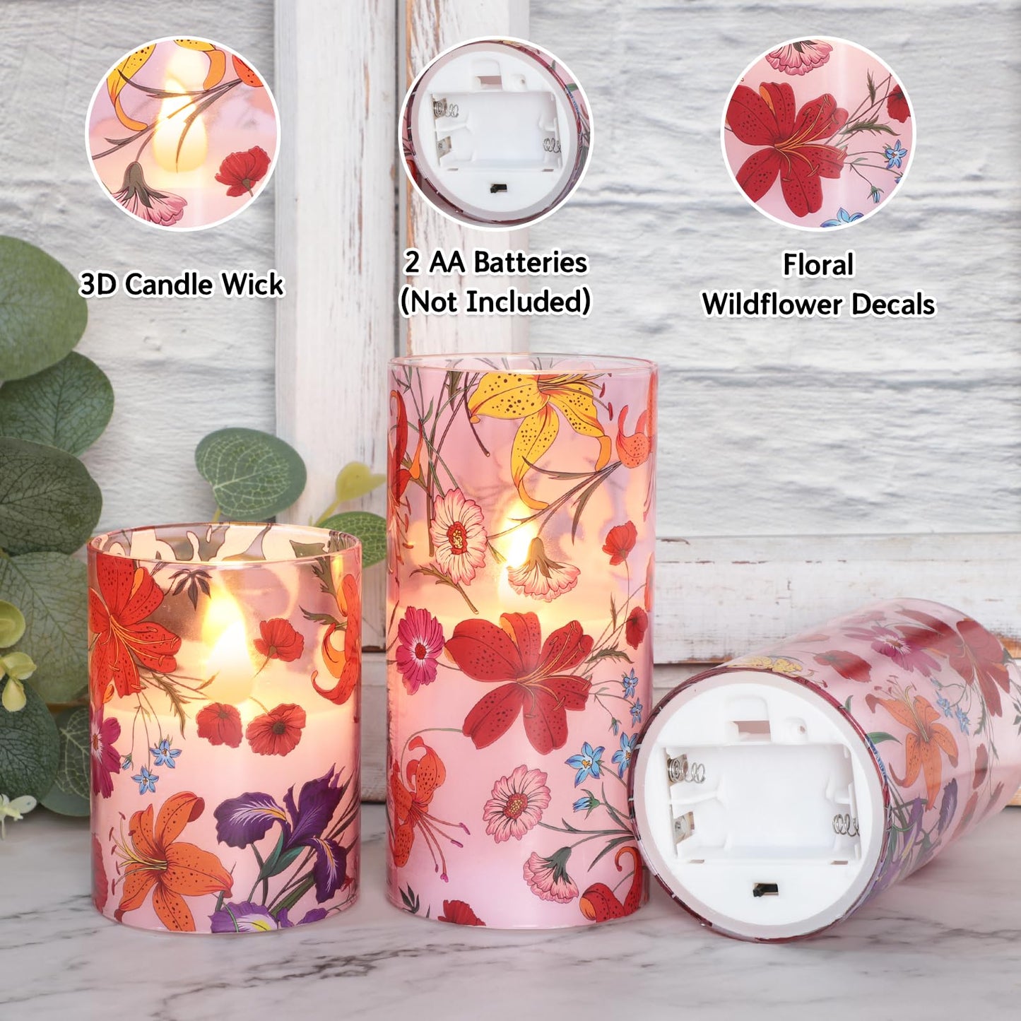 Impress Life Floral Flameless Candles with Remote, 3PCS Battery Operated LED Pillar Candles, Flickering Real Wax Glass Candles for Spring Decor Home Wedding Table Centerpiece Gift