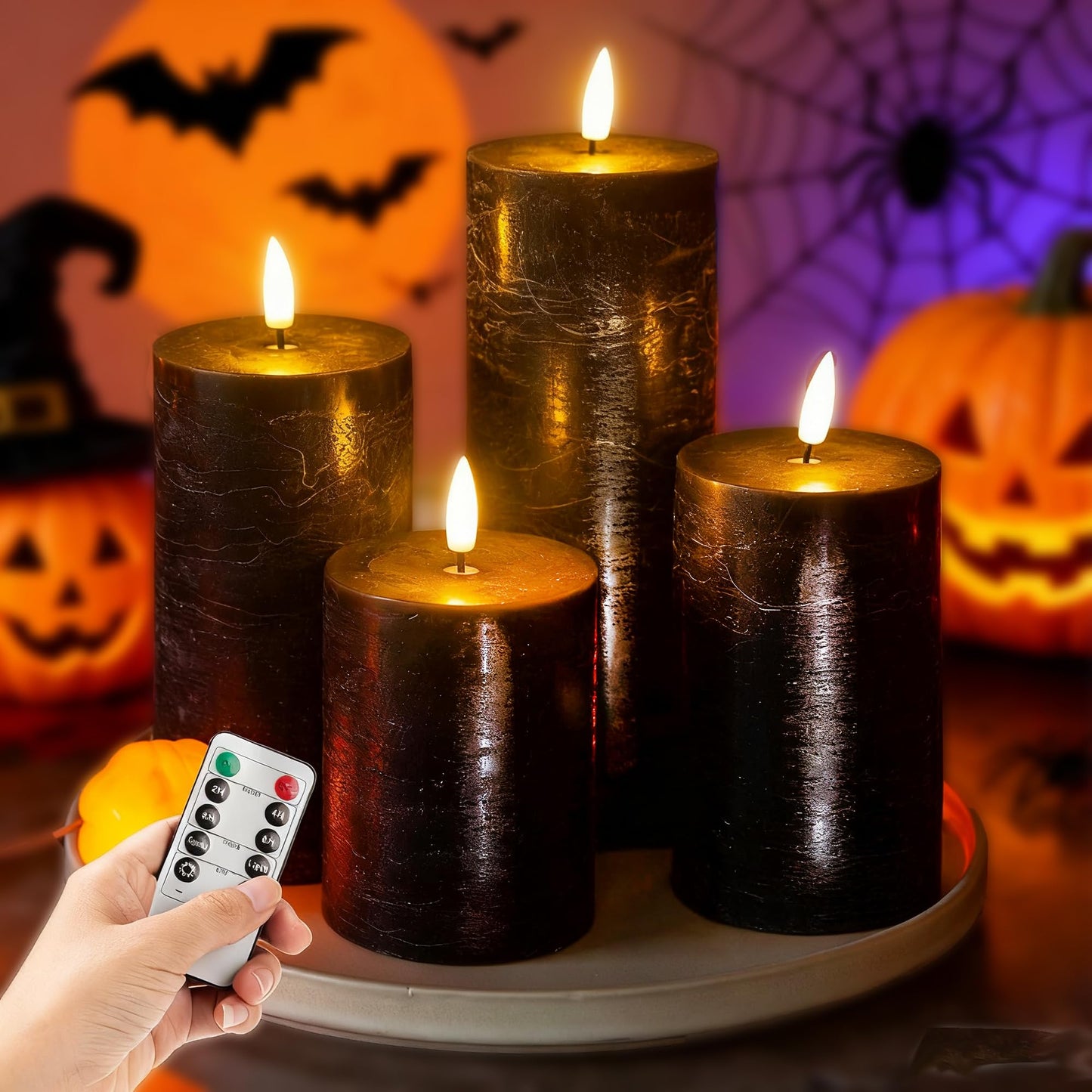 LUSHARBOR Halloween Flameless Candles, 4 Pack Battery Operated Halloween Candles with Remote, Wax LED Fake Pillar Candles Fireplace/Shelf Decor D3 H 5" 6" 7" 9" Black