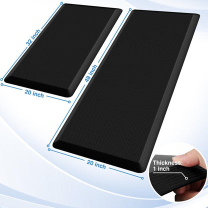 StepRite Kitchen Mats, 2PCS Kitchen Rugs, Cushioned Anti Fatigue Kitchen Mats for Floor, Non-Slip Standing Desk Mat, Waterproof Kitchen Rug Set for Kitchen, 20" x 32"+20" x 48"-Full 1 inch Thick,Black