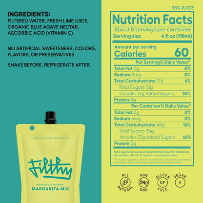 Filthy Margarita Mix, Premium Cocktail Mixer, All-Natural, Non-GMO, Vegan & Gluten-Free, Made with 100% Fresh Florida Lime Juice and Organic Agave Nectar from Jalisco Mexico, 32 Oz Pouch