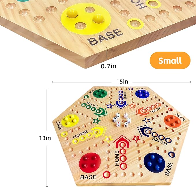 Wooden Board Game Original Marble Game Double Sided Painted 2 to 6 Player Fast Track Board Game Wooden with 6 Colors 24 Marbles 6 Dice for Adults Kids Family(15 INCH)