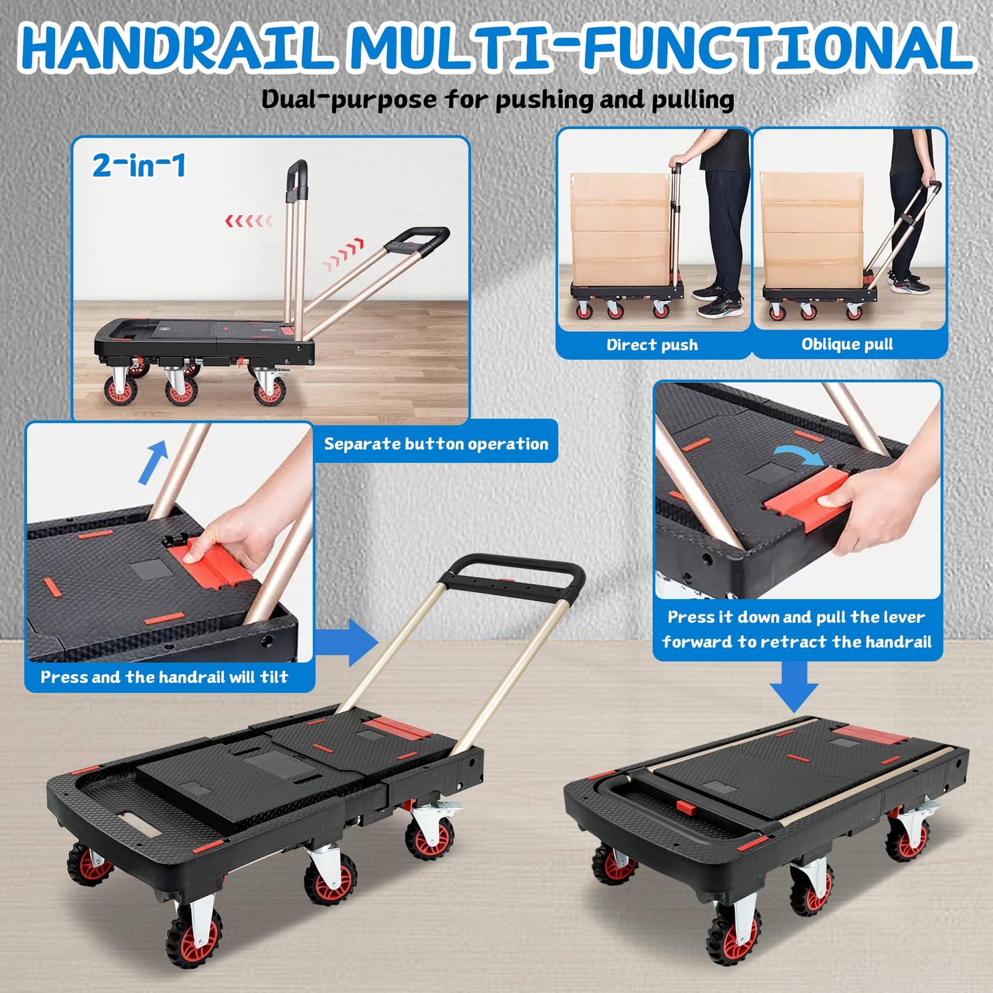 Heavy Duty 600lbs Capacity Platform Truck, Collapsible Dolly Cart w/Brake Wheel, Retractable Platform & Handle,Sponge Grip,Portable Dolly Cart for Luggage,Camping,Delivery & Storage