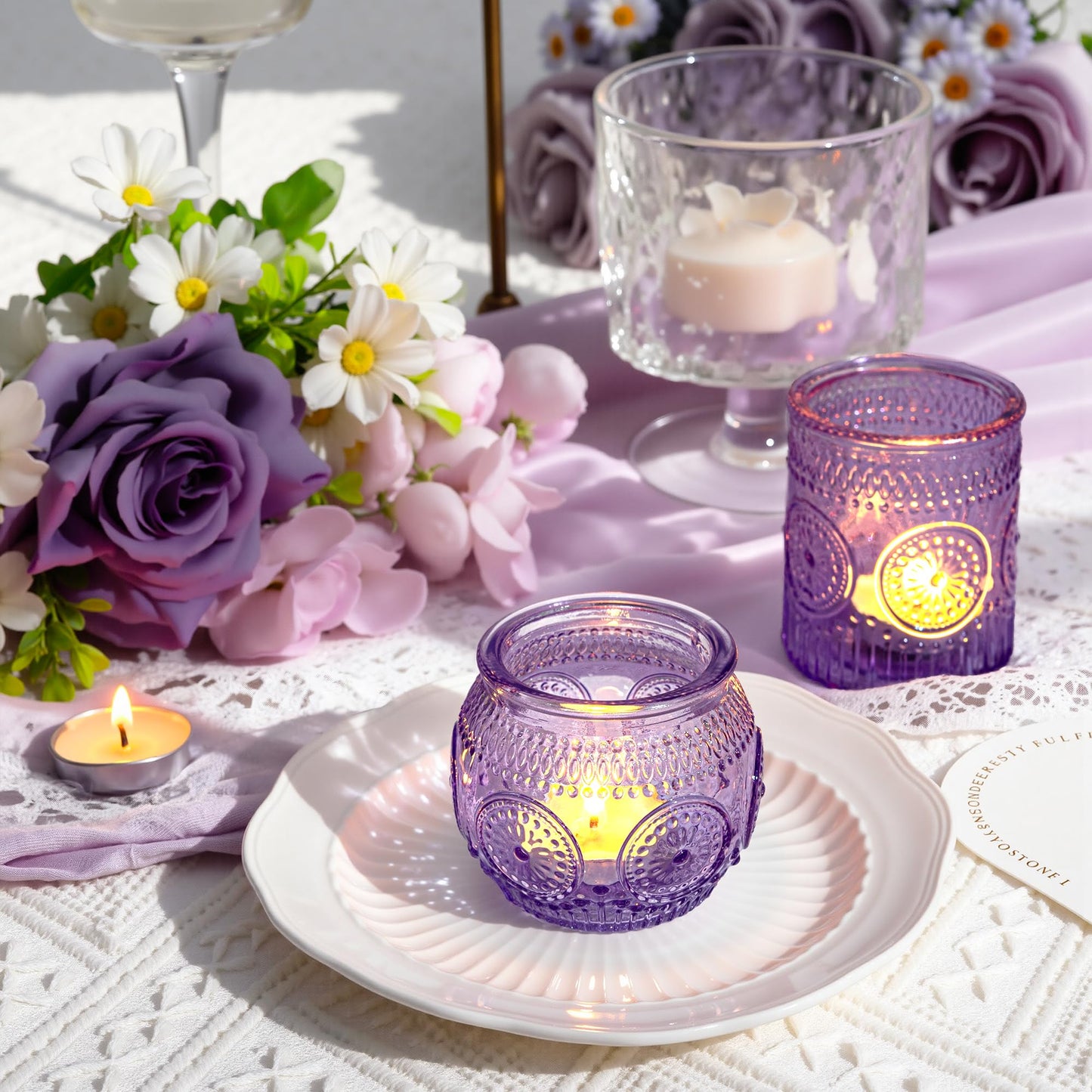 WELLIFE 24-Piece Purple Glass Votive Candle Holders Set – Tealight Candle Holder Glass Bulk with 12 Round & 12 Sunflower Textured Cups, Purple Votive Candle Holders for Weddings, Parties, Home
