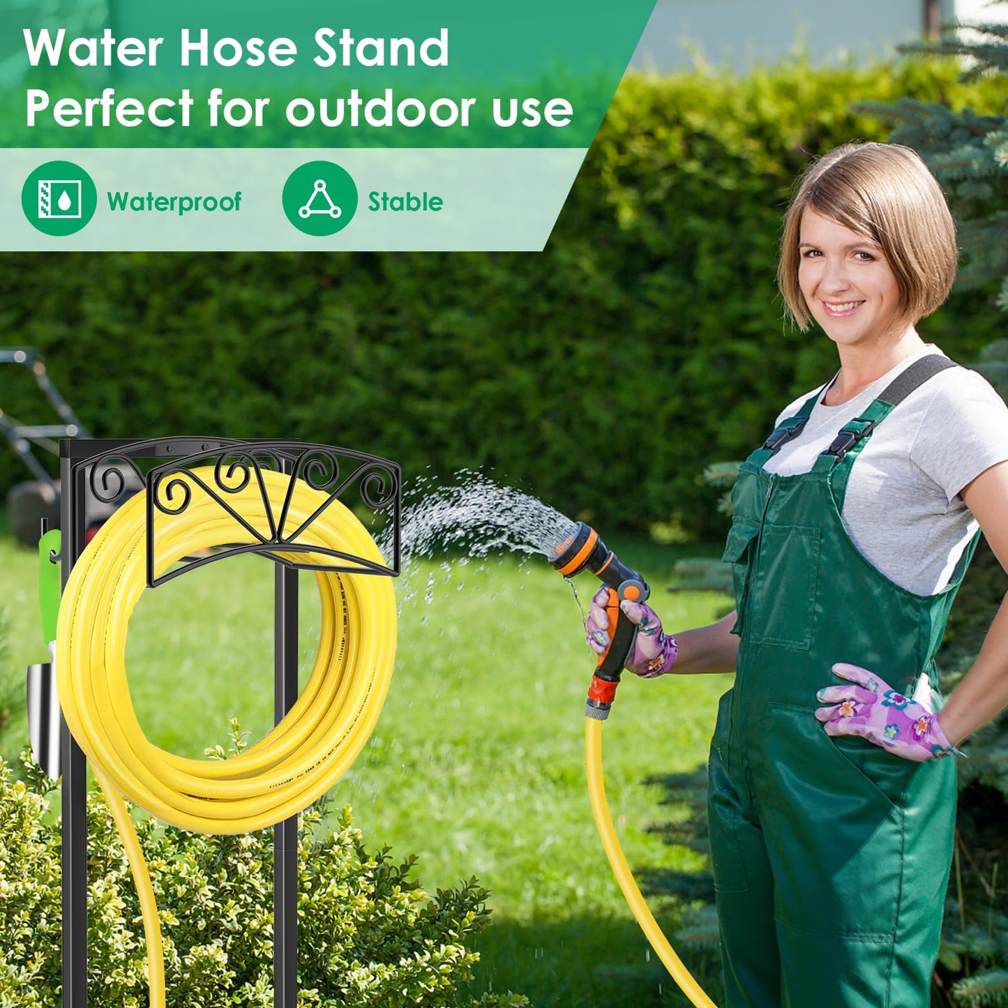 TomCare Garden Hose Holder Upgraded Heavy Duty Metal Water Hose Holder Holds 160 FT Hoses Sturdy Hose Reel with 2 Tool Hooks Freestanding Outdoor Hoses Storage Hanger for Outside Yard Lawn, Black