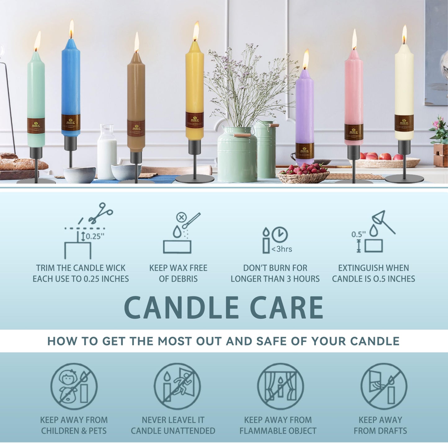 Pastel Short Taper Candle 7 Inch Candlesticks Unscented Dripless Tapered Candle Set for Home Decor Wedding Party Dinner Candles, 4 Pack