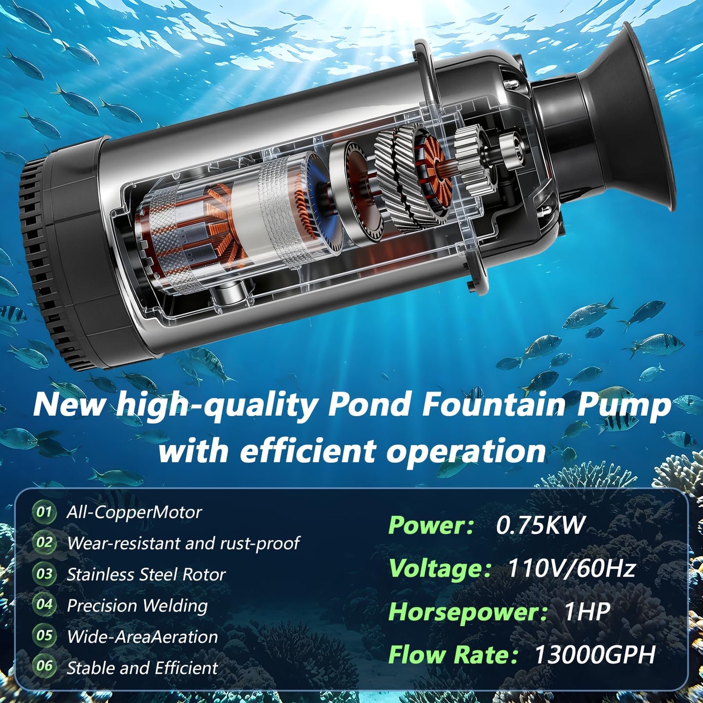 Burnvale Pond Fountain Aerator, 1HP 110V 750W Floating Pond Fountain, With 100 FT Power Cord，Waterproof Timer，2x100 FT Traction Rope，Floating Water Fountains for Ponds