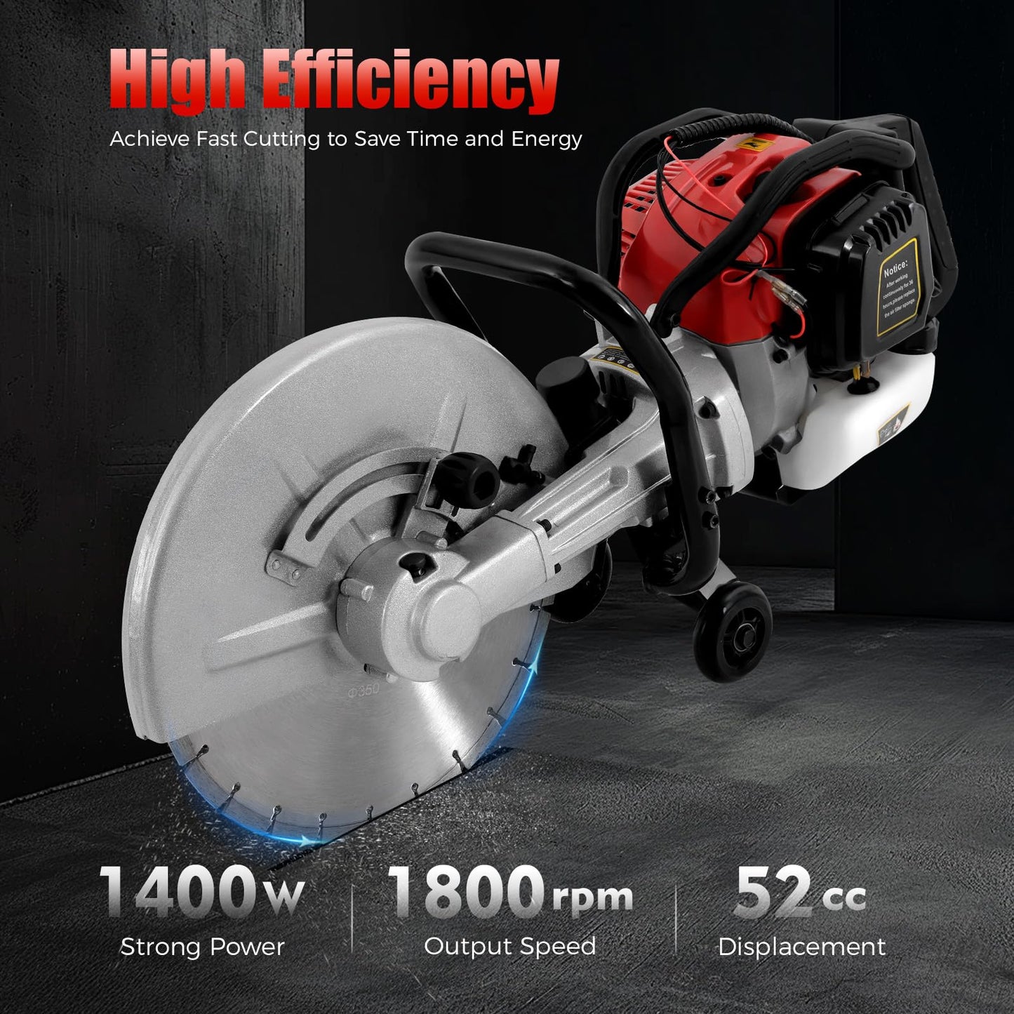 16In Gas Concrete Saw,1400w Concrete Gas Powered Cut-Off Saw with Blade and Directional Wheel, 2-Stroke 52cc Engine Cement Masonry Wet Dry Machine,4" Cut Depth,Motor Circular Cutter For Stone, Brick