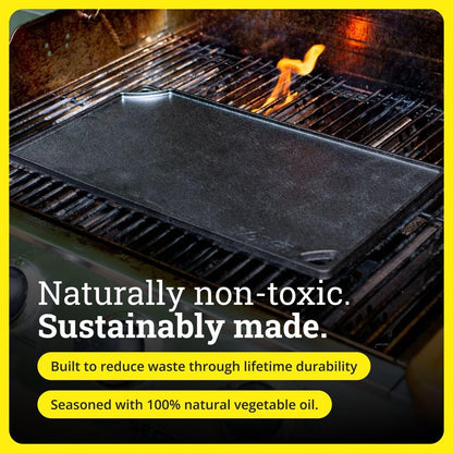 Lodge Double Play Reversible Cast Iron Grill/Griddle - Dual-Sided with Double Burner Configuration for Eggs, Pancakes, Burgers & More - Seasoned, Non-Toxic Cookware - Heavy-Duty Grill Pan - Black