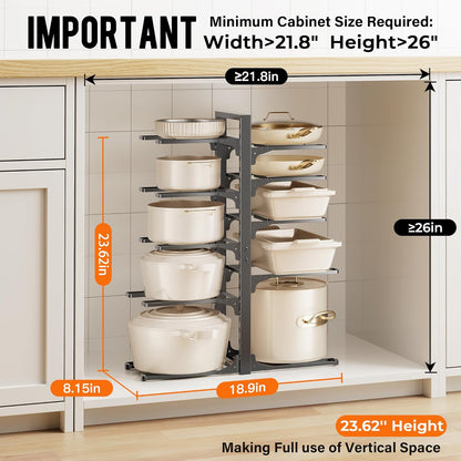 MUDEELA 10-Tier Pot and Pan Organizer - Heavy Duty Under Cabinet Storage, Adjustable Rack for Kitchen Use, 23.62" Height
