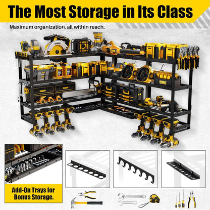 Power Tool Organizer Wall Mount by XLarge - Modular 820lbs Garage Storage Rack with 8 Cordless Drill Holders | 4-Tier Heavy Duty Utility Shelf