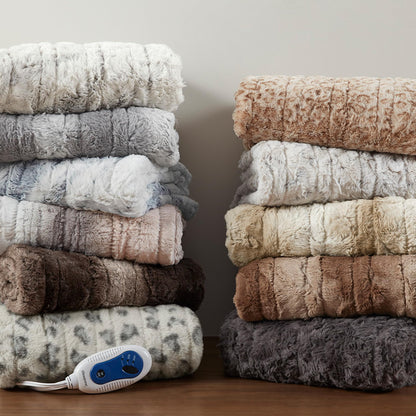 Beautyrest Zuri Reversible Faux Fur to Mink Electric Blanket, Auto Shut Off, Virtually Zero EMF, Multi Heat Setting, UL Certified, Machine Washable, Natural Marble Throw 50x70