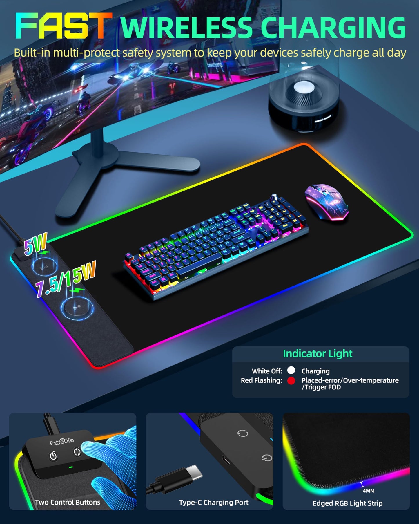 Wireless Charging Mouse Pad, RGB Gaming Mousepad, 31.5"x15.7" Extra Large Desk Pad, 13 Light Modes, Ultra-Smooth Surface, Non-Slip Base, Waterproof Computer Keyboard Mat for MacBook, PC, Laptop, Black