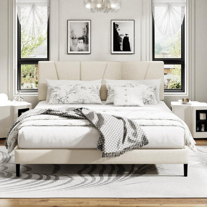King Size Platform Bed Frame with Upholstered Headboard, Wooden Slats Support, Noise Free, No Box Spring Needed, Easy Assembly, Beige, Velvet