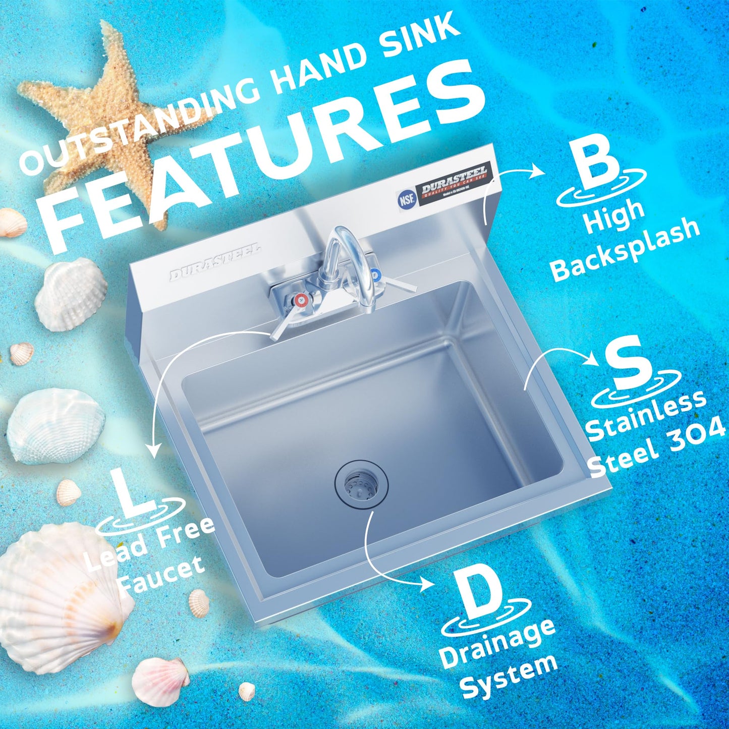 DuraSteel 304 Stainless Steel Wall Mount Sink - Commercial Hand Washing Sink - NSF & CEC Certified with Lead-Free Faucet - For Restaurants, Kitchens, Bars, Restroom