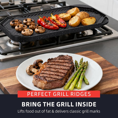 Caannasweis Nonstick Griddle Grill Pan, 19.5" x 11" Reversible Griddle Pan for Stove Top, Grill, or Campfire, Two Burner Cast Aluminum Grill, Rectangular Baking Flat and Ribbed Griddle Plate