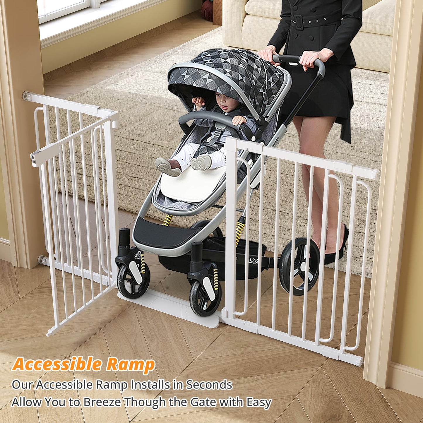 Extra Wide Baby Gate with Door 70-85.7 Inch Pressure Mounted, Auto Close Child Baby Gates for Doorways No Drill, Walk Through Dog Gate Indoor for The House, White