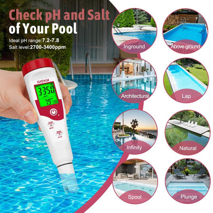 GIDIGI Pool Salt Tester pH Meter New Update Digital pH Tester Salinity Meter with Multiple Parameters Display for Pool Water Quality TDS EC Salt Meter for Saltwater Hot Tub&Spa Inground Pool Aquarium
