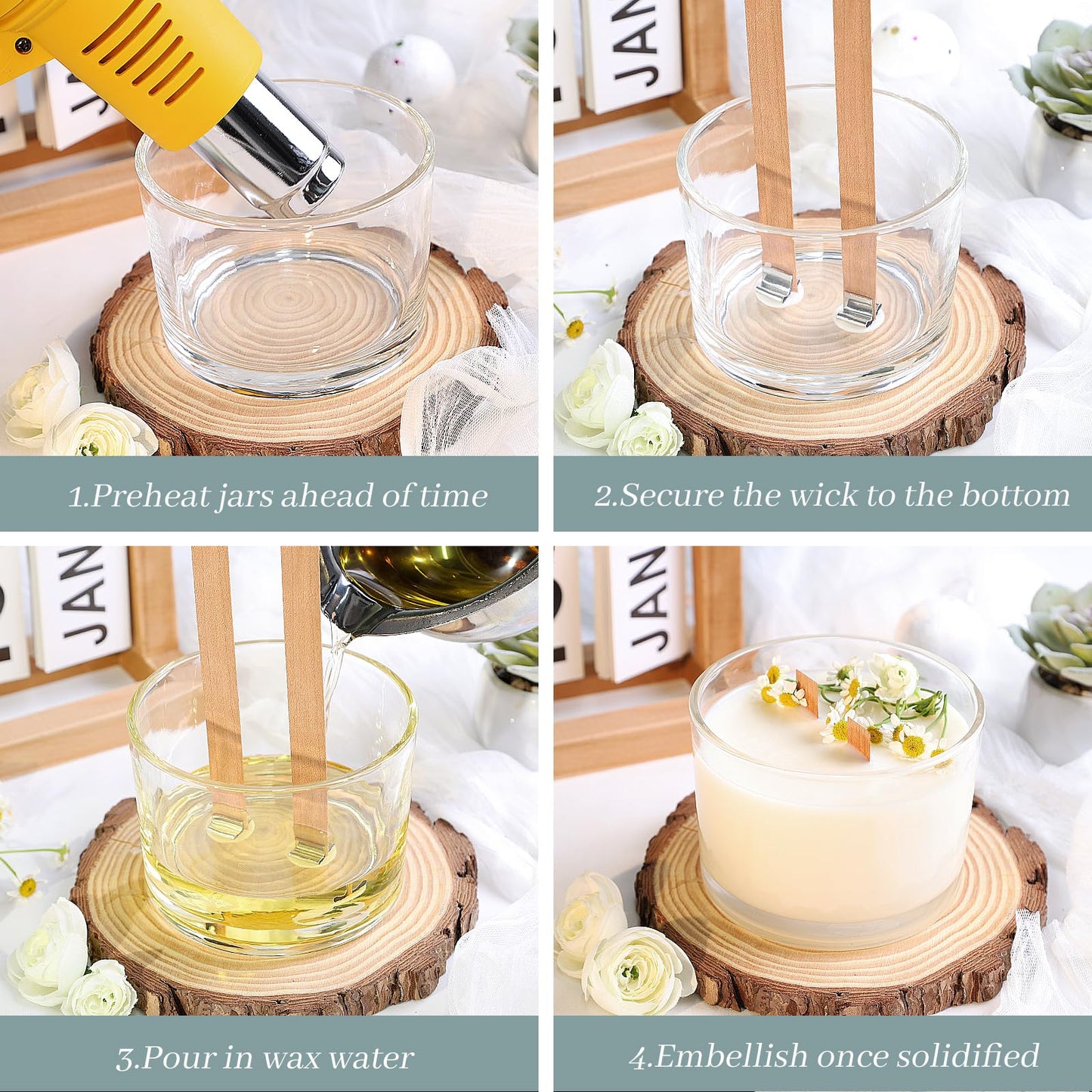 CONNOO 6-Pack 16 oz Candle Jars - 3-Wick Clear Empty Glass Wide Mouth Candle Jars Come with Bamboo Lids, Sticky Warning Labels, and a Candle Wick Kit for Candle Making - Dishwasher Safe