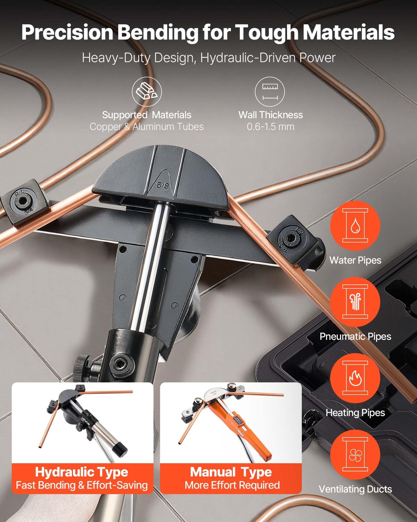 VEVOR Hydraulic Tubing Bender Kit, 1/4 to 7/8 Inch, Copper Tube Pipe Bender, Forward/Reverse HVAC Bending Tool Set, with 7 Aluminium Alloy Dies, for HVAC Air Conditioning Refrigeration Auto Repair