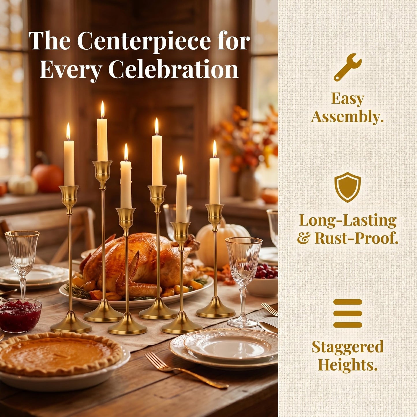Oakernel French Gold Taper Candle Holders 2 Sets(6 Pcs) - Tall Metal Candlestick Holders for Table Centerpiece, Formal Dinner, Wedding, Fireplace Mantel Decor, Fits 3/4 Inch Thick Candles