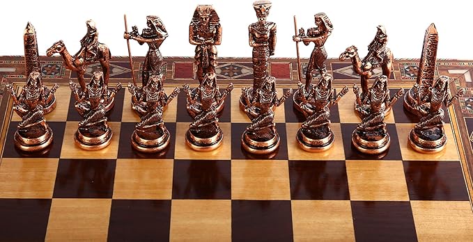 Egypt Pharaoh Antique Copper Figures Metal Chess Set for Adults Handmade Pieces and Natural Solid Wooden Chess Board with Pearl Design Around Board and Storage Inside King 3.4inc