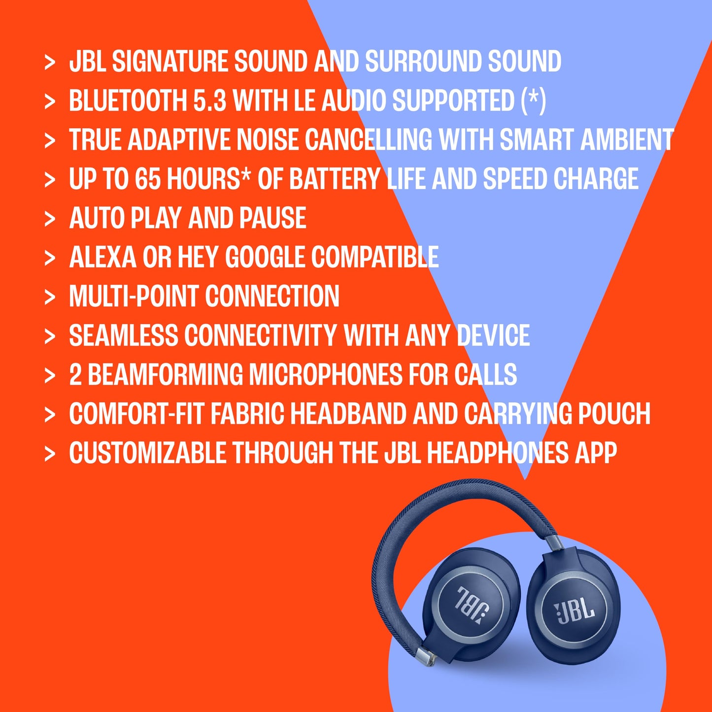 JBL Live 770NC - Wireless Over-Ear Headphones with True Adaptive Noise Cancelling with Smart Ambient, Up to 65 Hours of Battery Life, Comfort-fit Fabric Headband & Carrying Pouch (Blue)