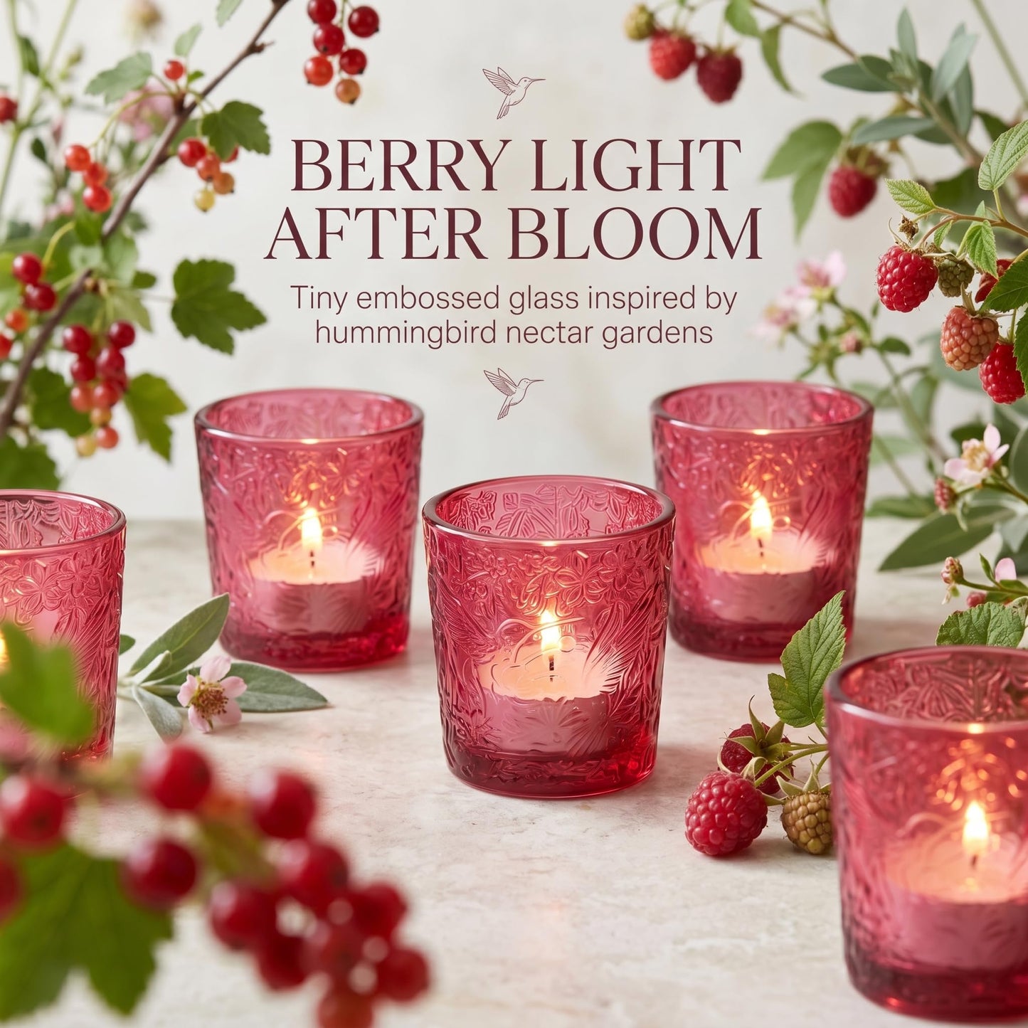 6 Pack Hummingbird Embossed Glass Candle Holders Votive Tealight Holders with Patent Design, Decorative Glass Cups for Wedding Centerpieces, Parties, and Home Decor (Wildberry Red)