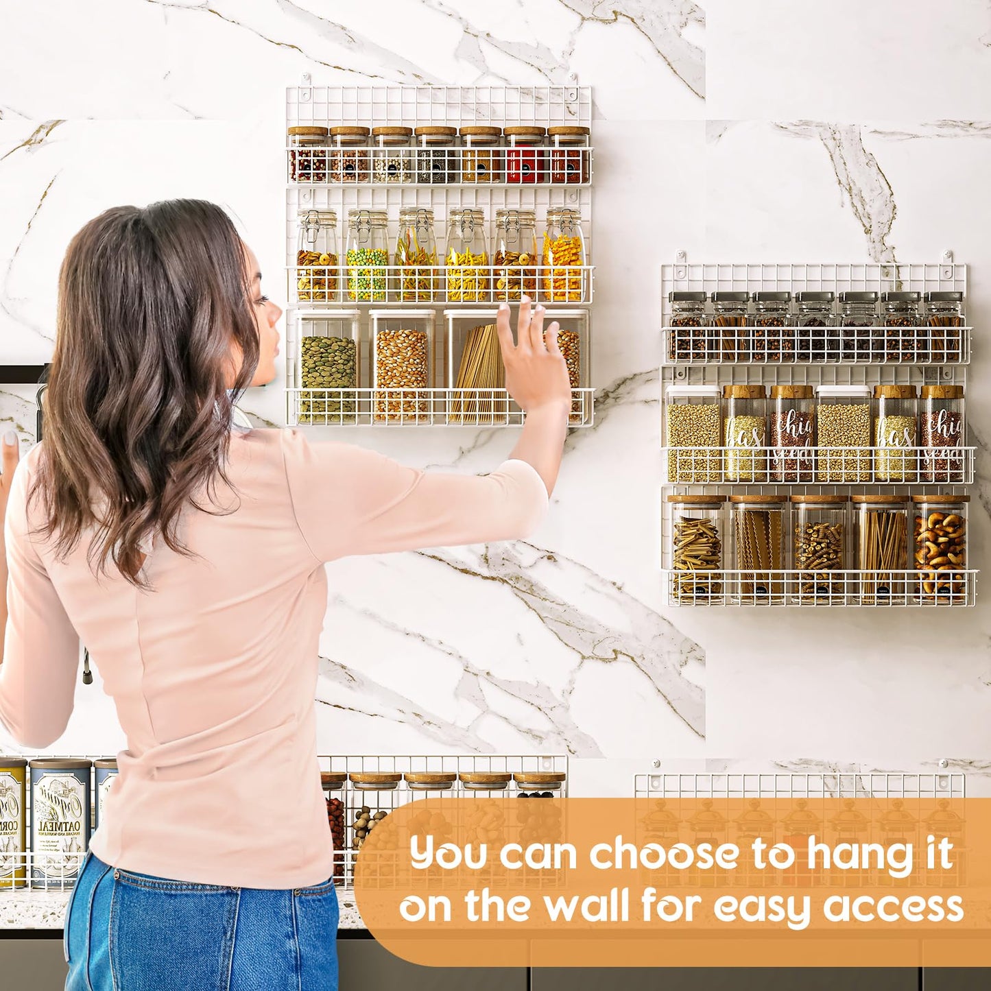 JKsmart 6-Tier Spice Rack Organizer with Door Hook, Wall Mounted & Over the Door Spice Racks for Kitchen Pantry Door Cabinet, Two Size, Large Capacity, Black