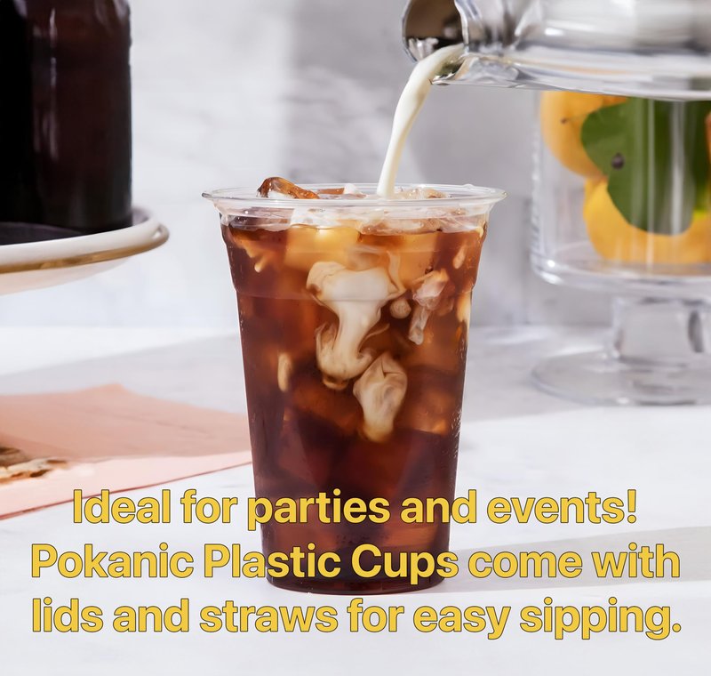 Pokanic Plastic Clear Cups [16 oz] with Lids and Straws [100 Set] Disposable Cold Beverage Drinking Iced Coffee Water Juice Tea Party Travel Cafe School Office Home Kitchen (100 Set, 16 oz)